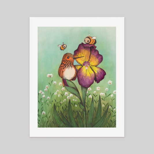 Hummingbird and Bees - Art Print